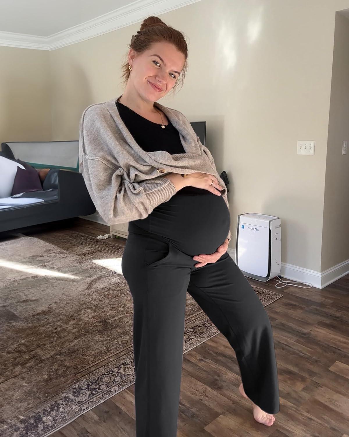 imageG4Free Maternity Pants Over The Belly Yoga Dress Work Pregnancy Pants Stretchy Lounge Wide Leg Trousers with PocketsBlack