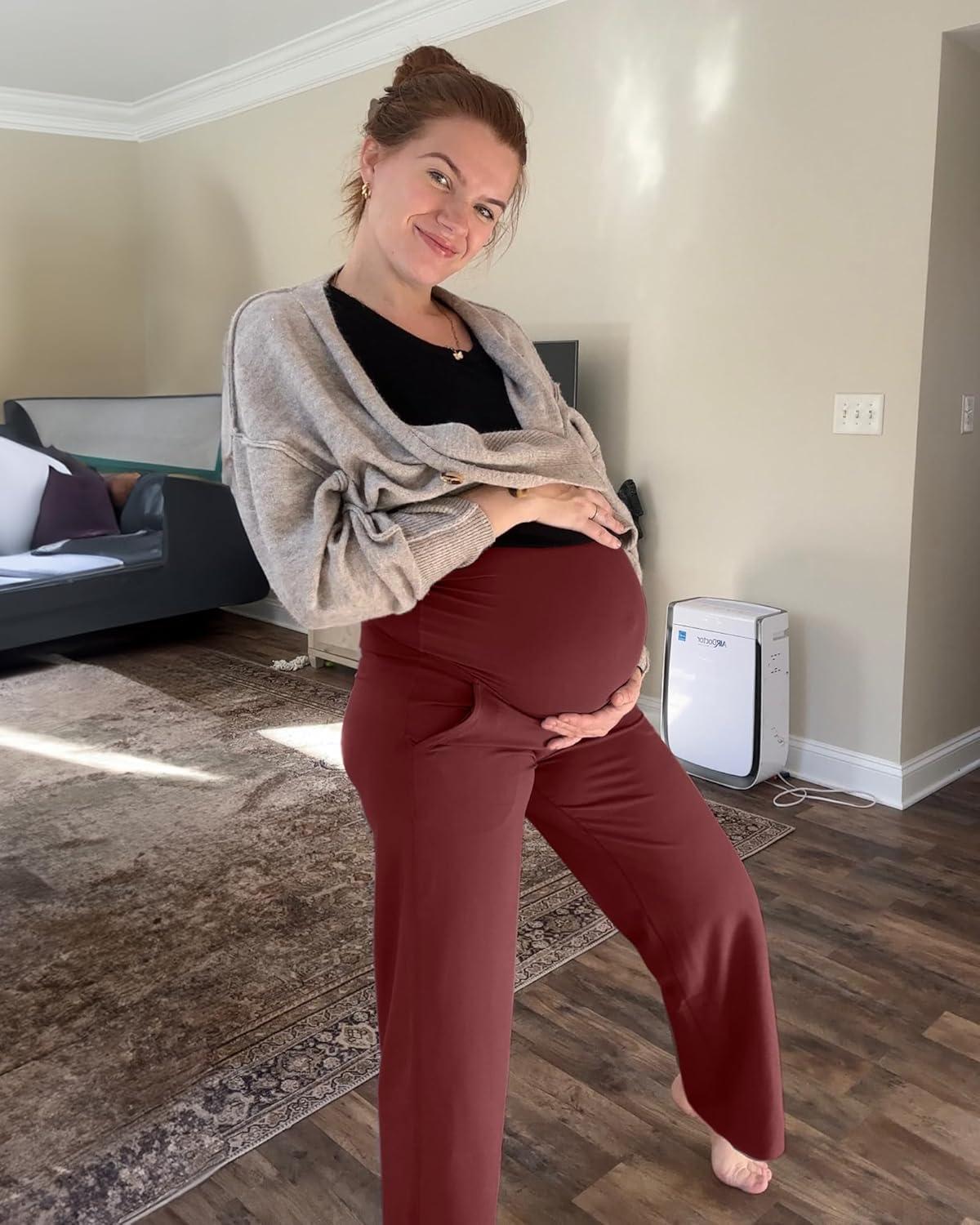 imageG4Free Maternity Pants Over The Belly Yoga Dress Work Pregnancy Pants Stretchy Lounge Wide Leg Trousers with PocketsDark Burgundy