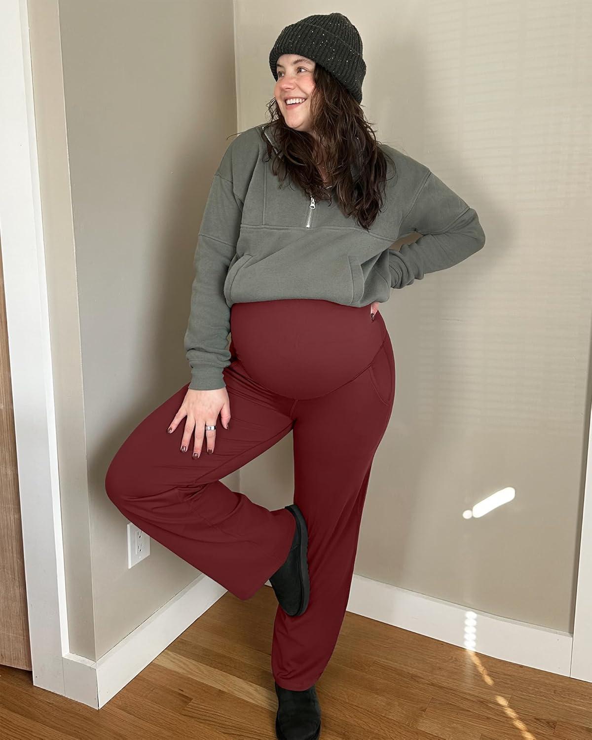 imageG4Free Maternity Pants Over The Belly Yoga Dress Work Pregnancy Pants Stretchy Lounge Wide Leg Trousers with PocketsDark Burgundy