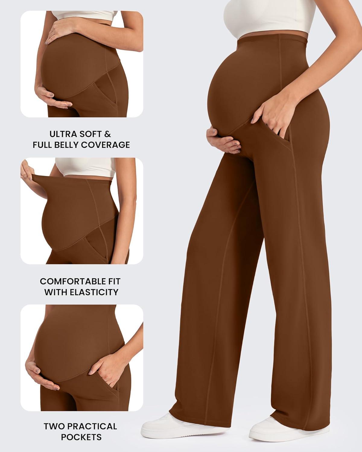 imageG4Free Maternity Pants Over The Belly Yoga Dress Work Pregnancy Pants Stretchy Lounge Wide Leg Trousers with PocketsDark Coffee