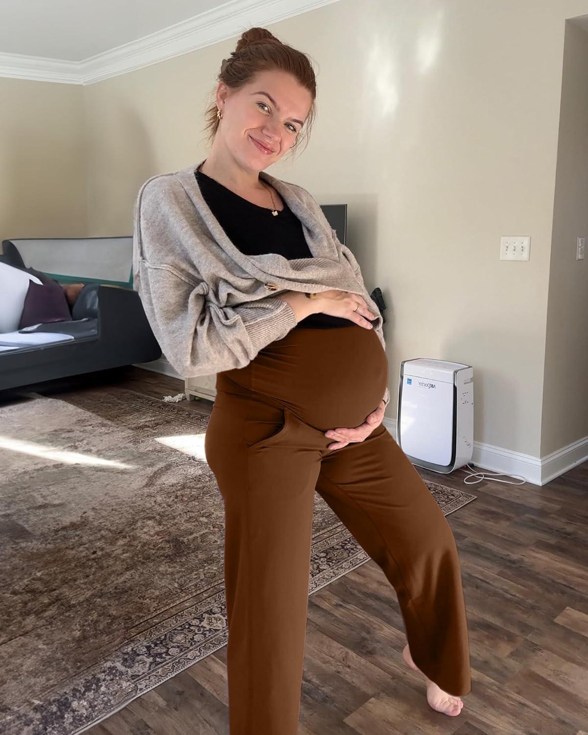 imageG4Free Maternity Pants Over The Belly Yoga Dress Work Pregnancy Pants Stretchy Lounge Wide Leg Trousers with PocketsDark Coffee