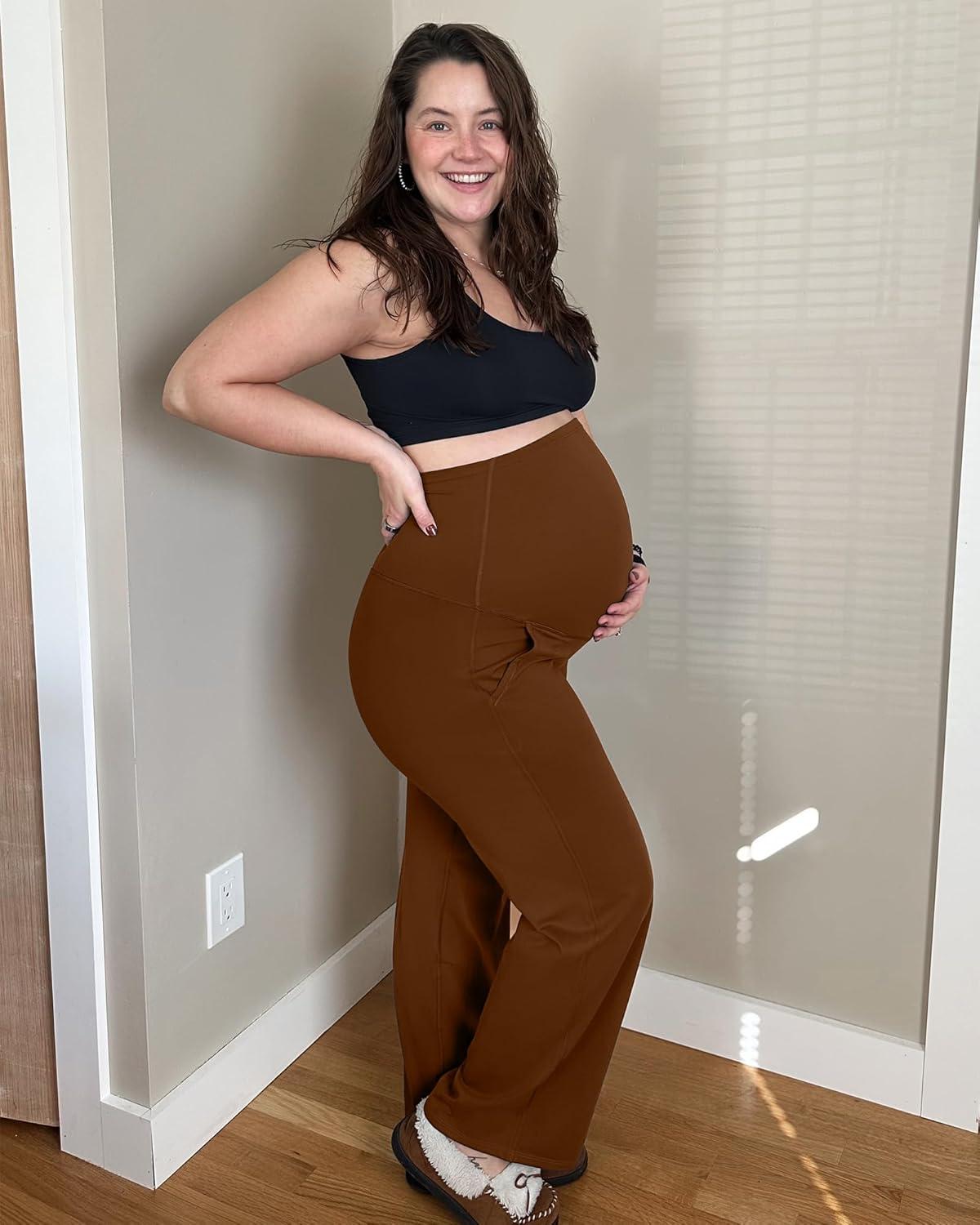 imageG4Free Maternity Pants Over The Belly Yoga Dress Work Pregnancy Pants Stretchy Lounge Wide Leg Trousers with PocketsDark Coffee