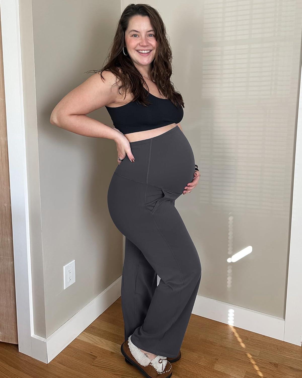 imageG4Free Maternity Pants Over The Belly Yoga Dress Work Pregnancy Pants Stretchy Lounge Wide Leg Trousers with PocketsDark Gray