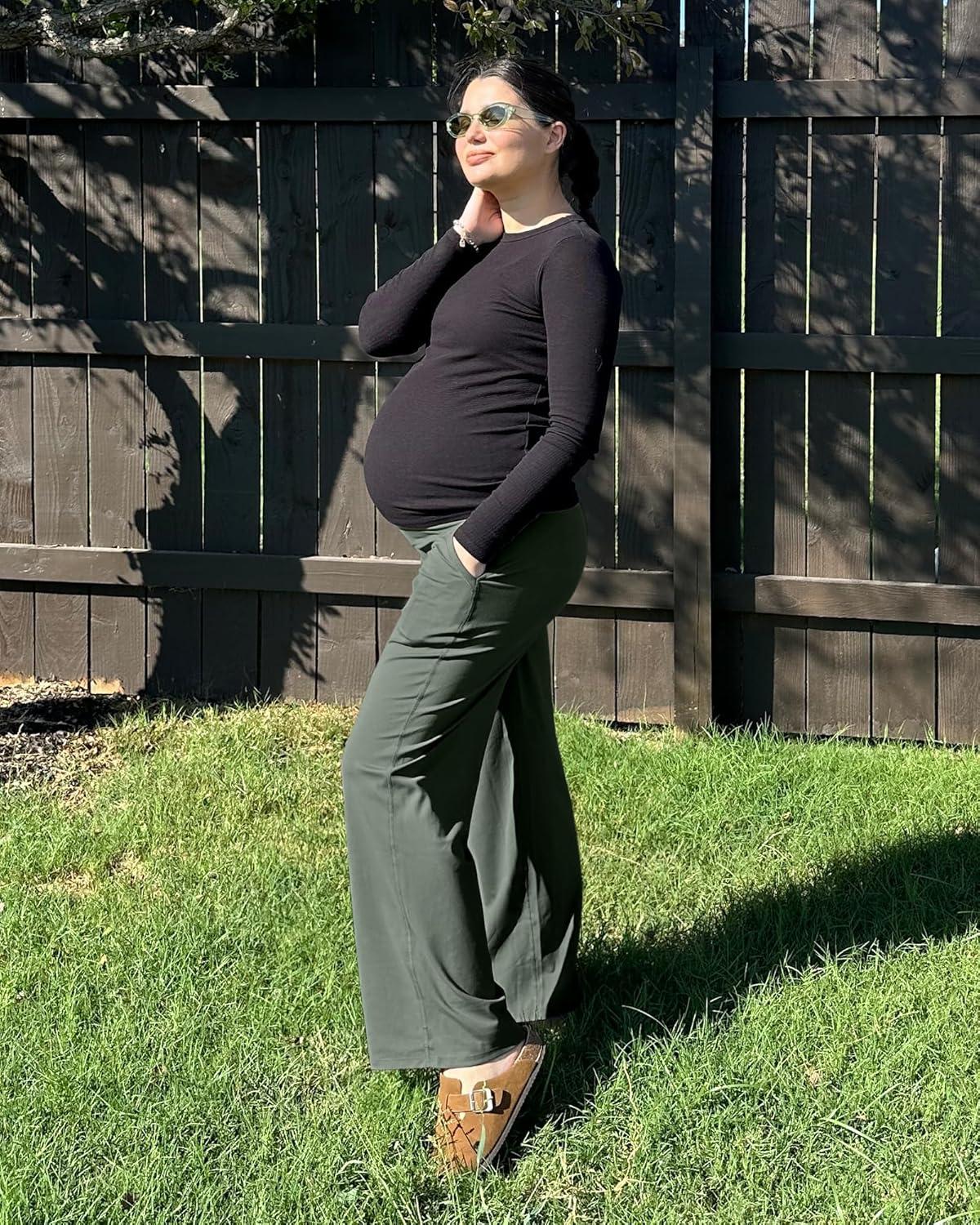 imageG4Free Maternity Pants Over The Belly Yoga Dress Work Pregnancy Pants Stretchy Lounge Wide Leg Trousers with PocketsGray Sage