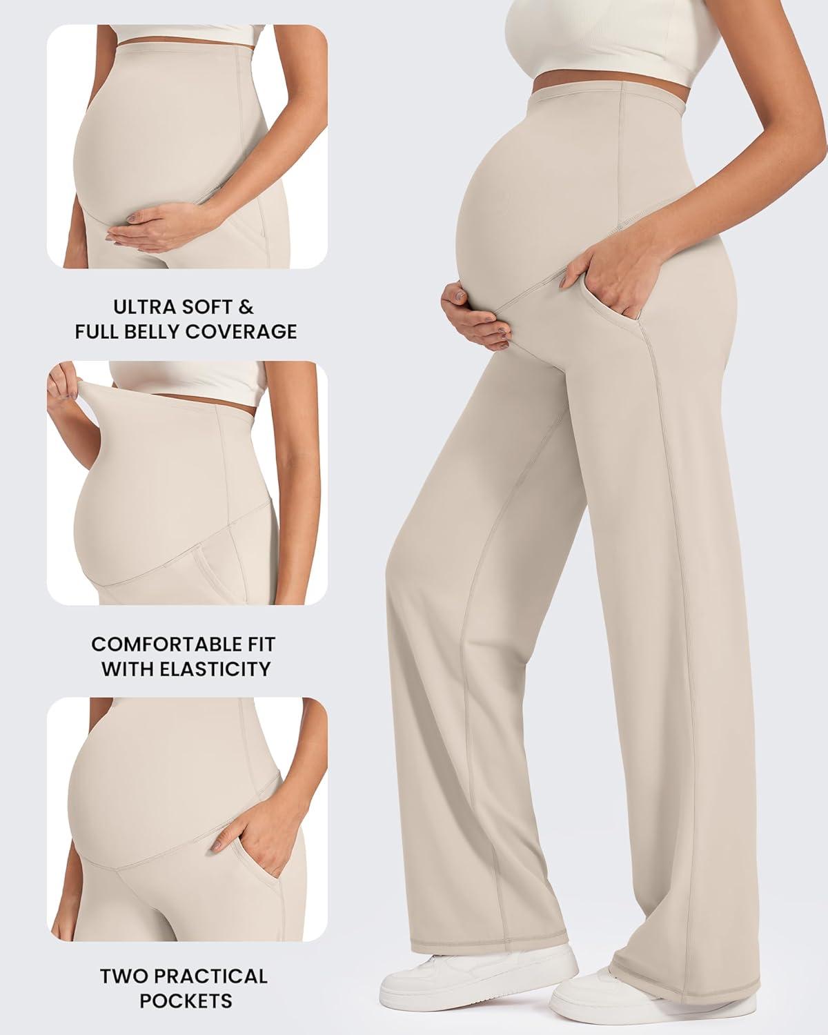 imageG4Free Maternity Pants Over The Belly Yoga Dress Work Pregnancy Pants Stretchy Lounge Wide Leg Trousers with PocketsLight Khaki