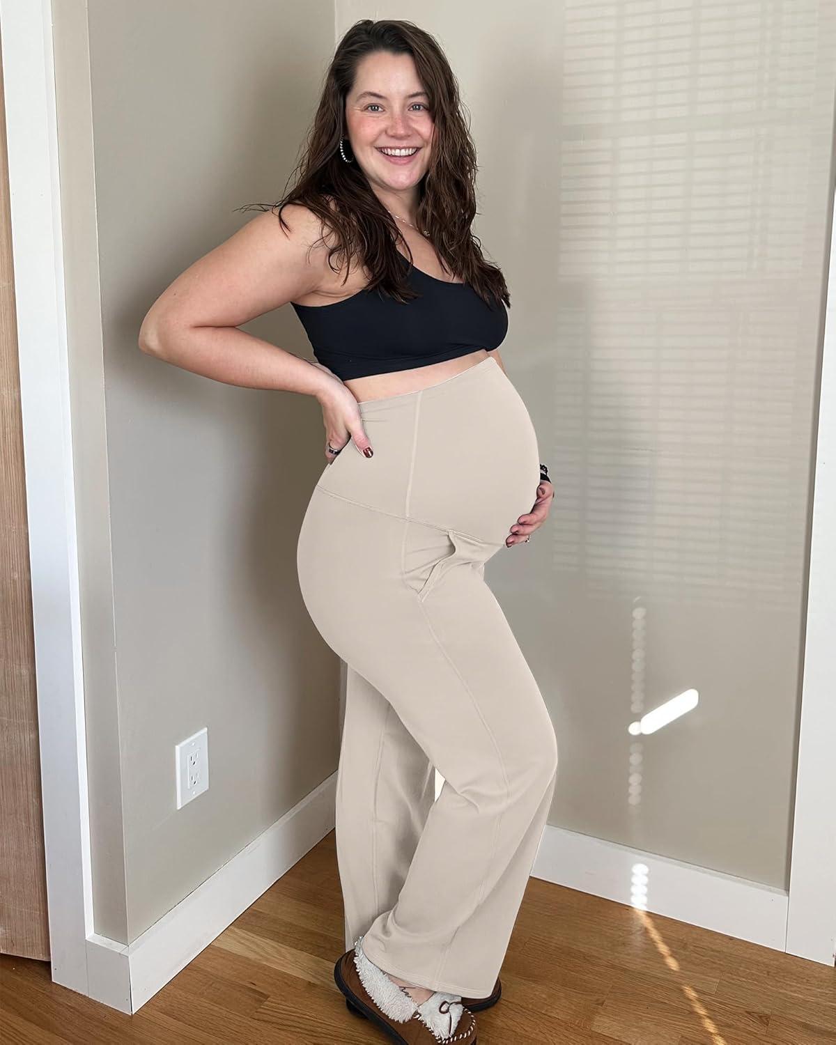 imageG4Free Maternity Pants Over The Belly Yoga Dress Work Pregnancy Pants Stretchy Lounge Wide Leg Trousers with PocketsLight Khaki