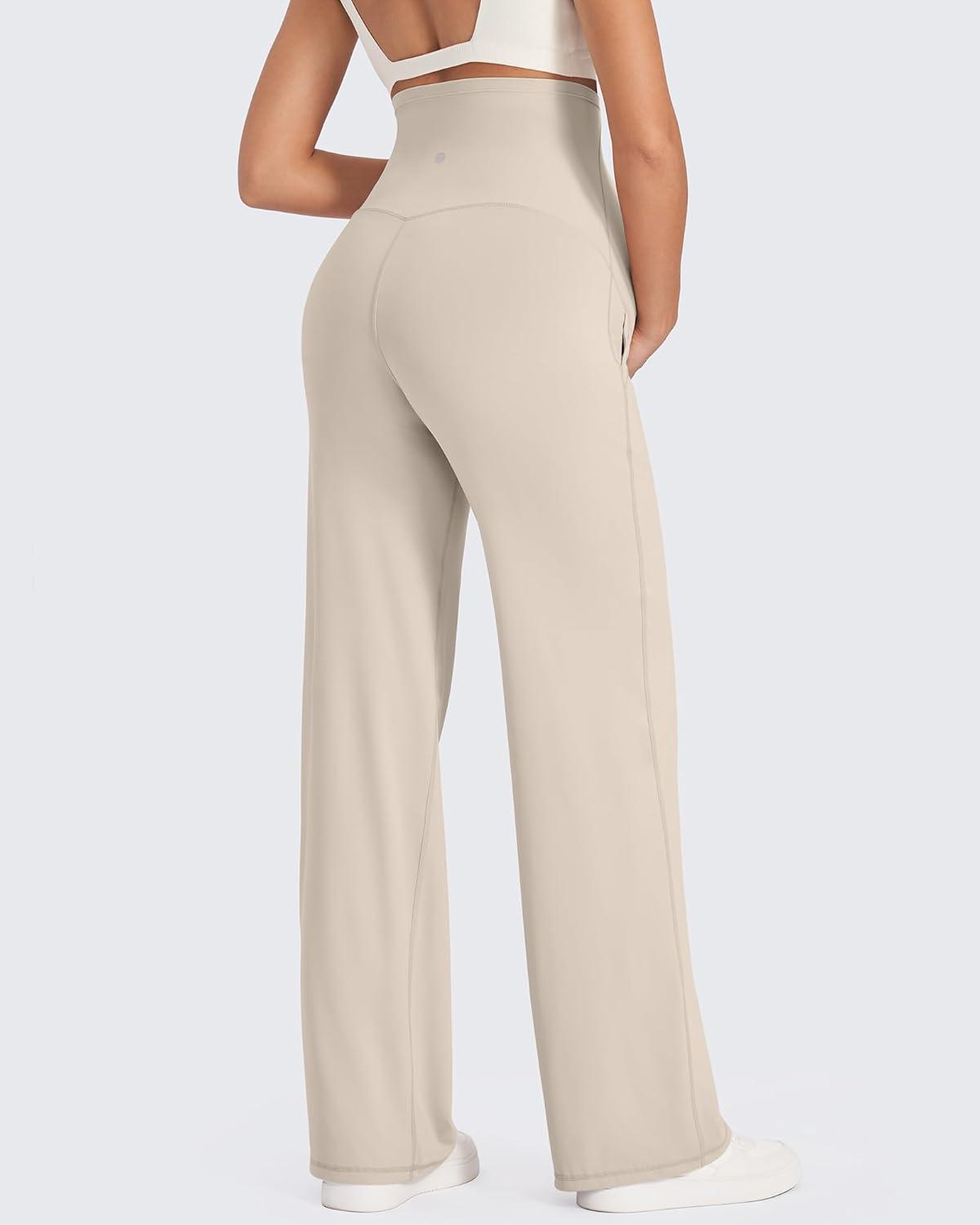 imageG4Free Maternity Pants Over The Belly Yoga Dress Work Pregnancy Pants Stretchy Lounge Wide Leg Trousers with PocketsLight Khaki