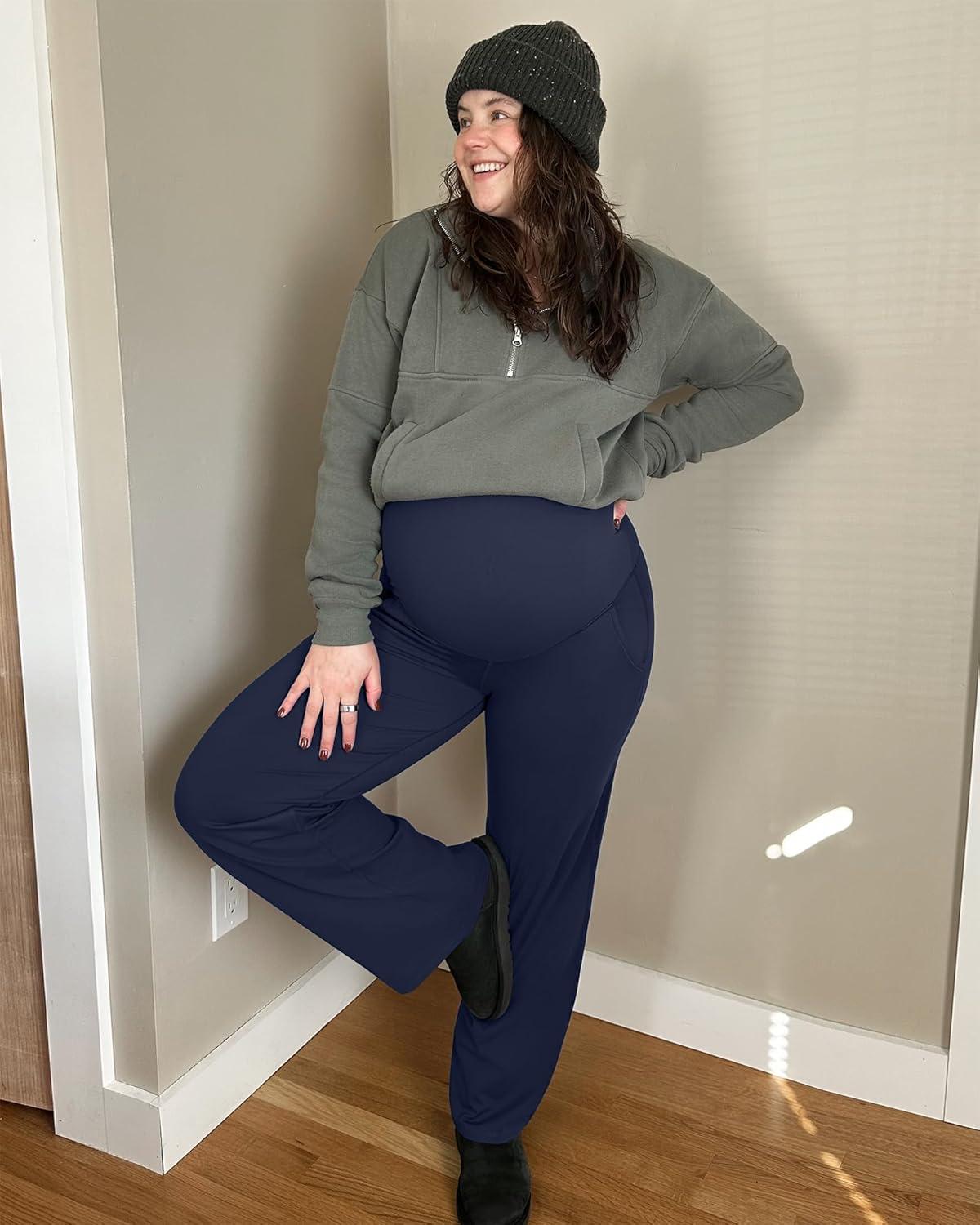 imageG4Free Maternity Pants Over The Belly Yoga Dress Work Pregnancy Pants Stretchy Lounge Wide Leg Trousers with PocketsRoyal Blue