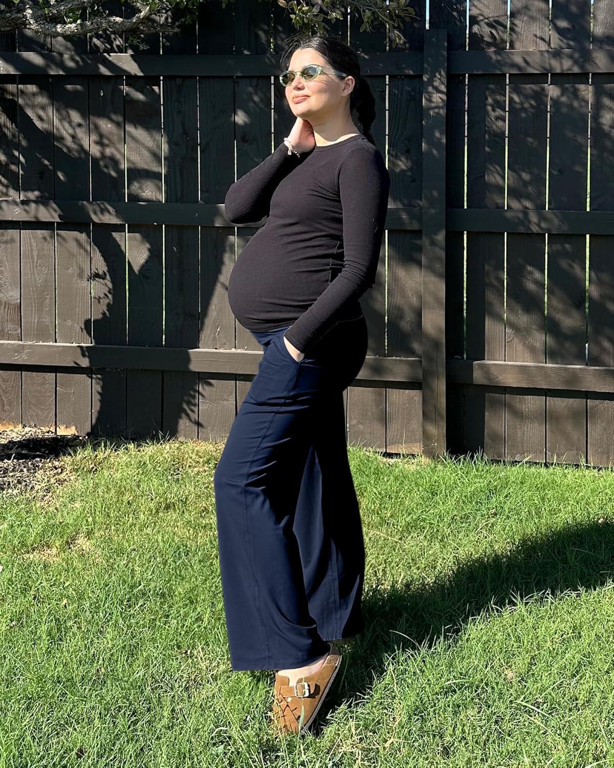 imageG4Free Maternity Pants Over The Belly Yoga Dress Work Pregnancy Pants Stretchy Lounge Wide Leg Trousers with PocketsRoyal Blue