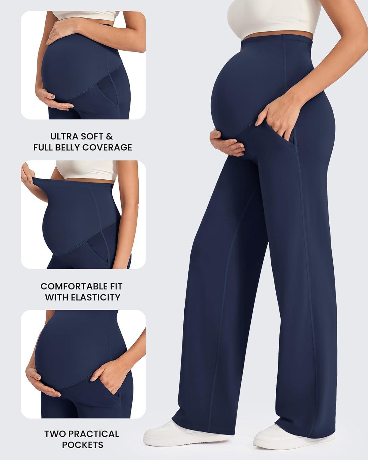 imageG4Free Maternity Pants Over The Belly Yoga Dress Work Pregnancy Pants Stretchy Lounge Wide Leg Trousers with PocketsRoyal Blue