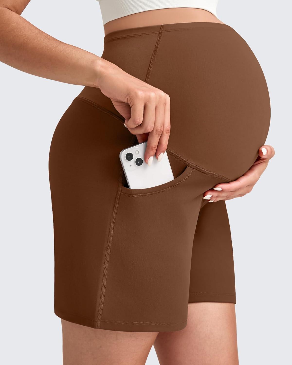 imageG4Free Maternity Shorts with Pockets Over The Belly Stretchy 6 Pregnancy Yoga Pants Athletic WorkoutDark Coffee