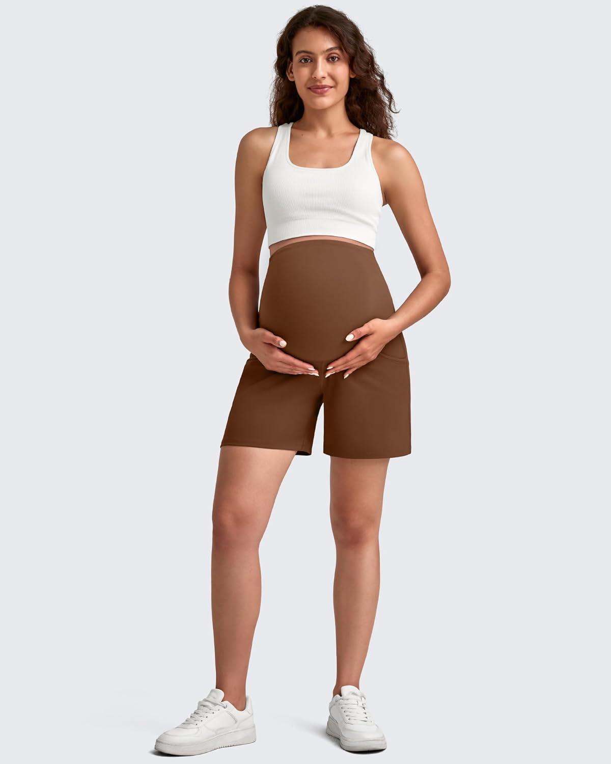 imageG4Free Maternity Shorts with Pockets Over The Belly Stretchy 6 Pregnancy Yoga Pants Athletic WorkoutDark Coffee