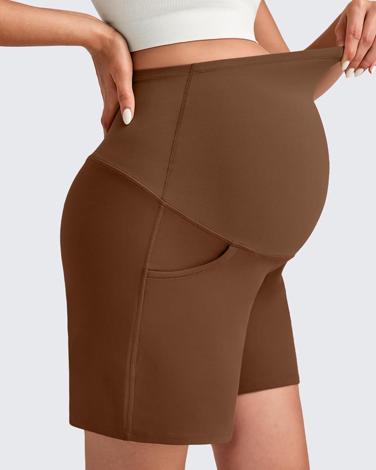 imageG4Free Maternity Shorts with Pockets Over The Belly Stretchy 6 Pregnancy Yoga Pants Athletic WorkoutDark Coffee