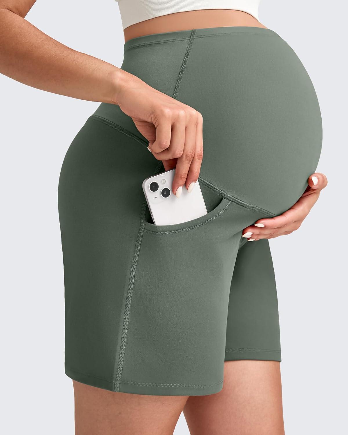 imageG4Free Maternity Shorts with Pockets Over The Belly Stretchy 6 Pregnancy Yoga Pants Athletic WorkoutGray Sage