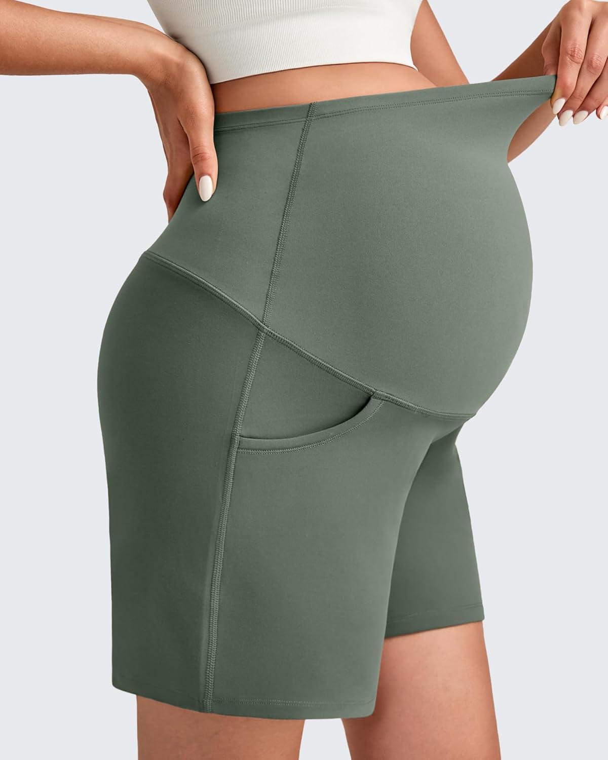 imageG4Free Maternity Shorts with Pockets Over The Belly Stretchy 6 Pregnancy Yoga Pants Athletic WorkoutGray Sage