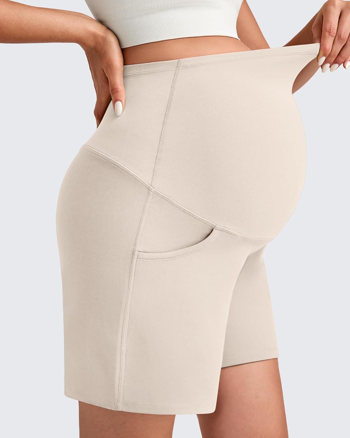 imageG4Free Maternity Shorts with Pockets Over The Belly Stretchy 6 Pregnancy Yoga Pants Athletic WorkoutLight Khaki