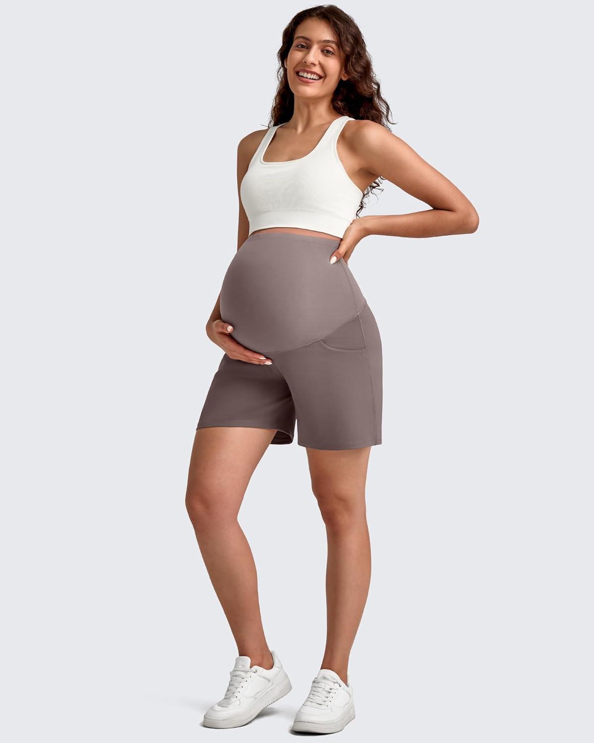 imageG4Free Maternity Shorts with Pockets Over The Belly Stretchy 6 Pregnancy Yoga Pants Athletic WorkoutTaupe