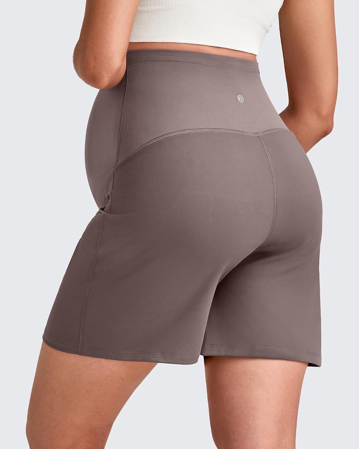 imageG4Free Maternity Shorts with Pockets Over The Belly Stretchy 6 Pregnancy Yoga Pants Athletic WorkoutTaupe