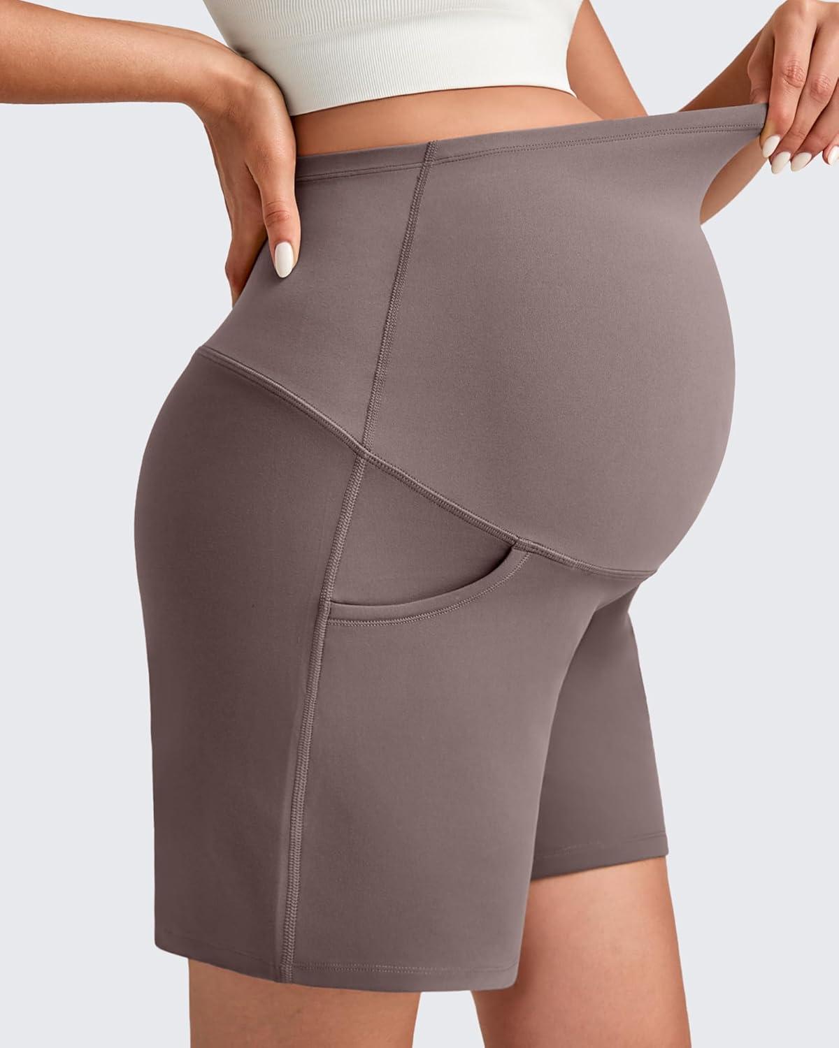 imageG4Free Maternity Shorts with Pockets Over The Belly Stretchy 6 Pregnancy Yoga Pants Athletic WorkoutTaupe
