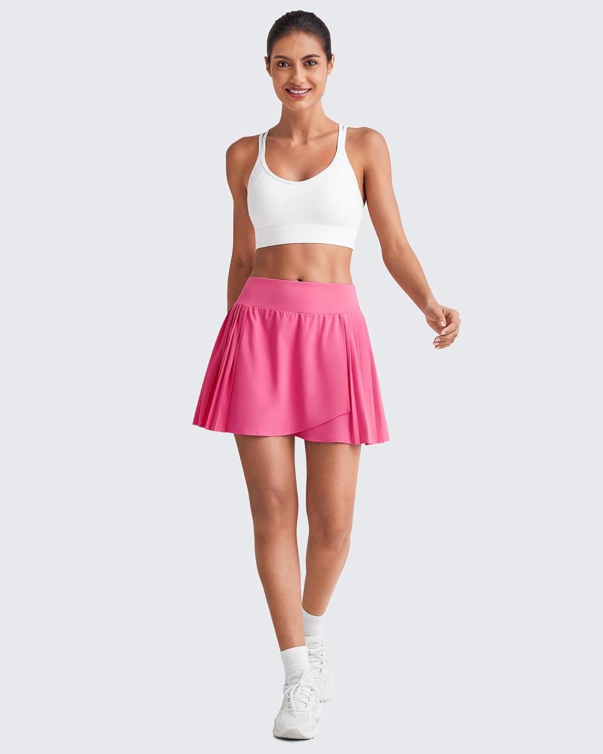 imageG4Free Pleated Tennis Skirts for Women Wrapped Front Golf Skorts A Line Flowy Soft Athletic with Inner Shorts PocketsRose Pink