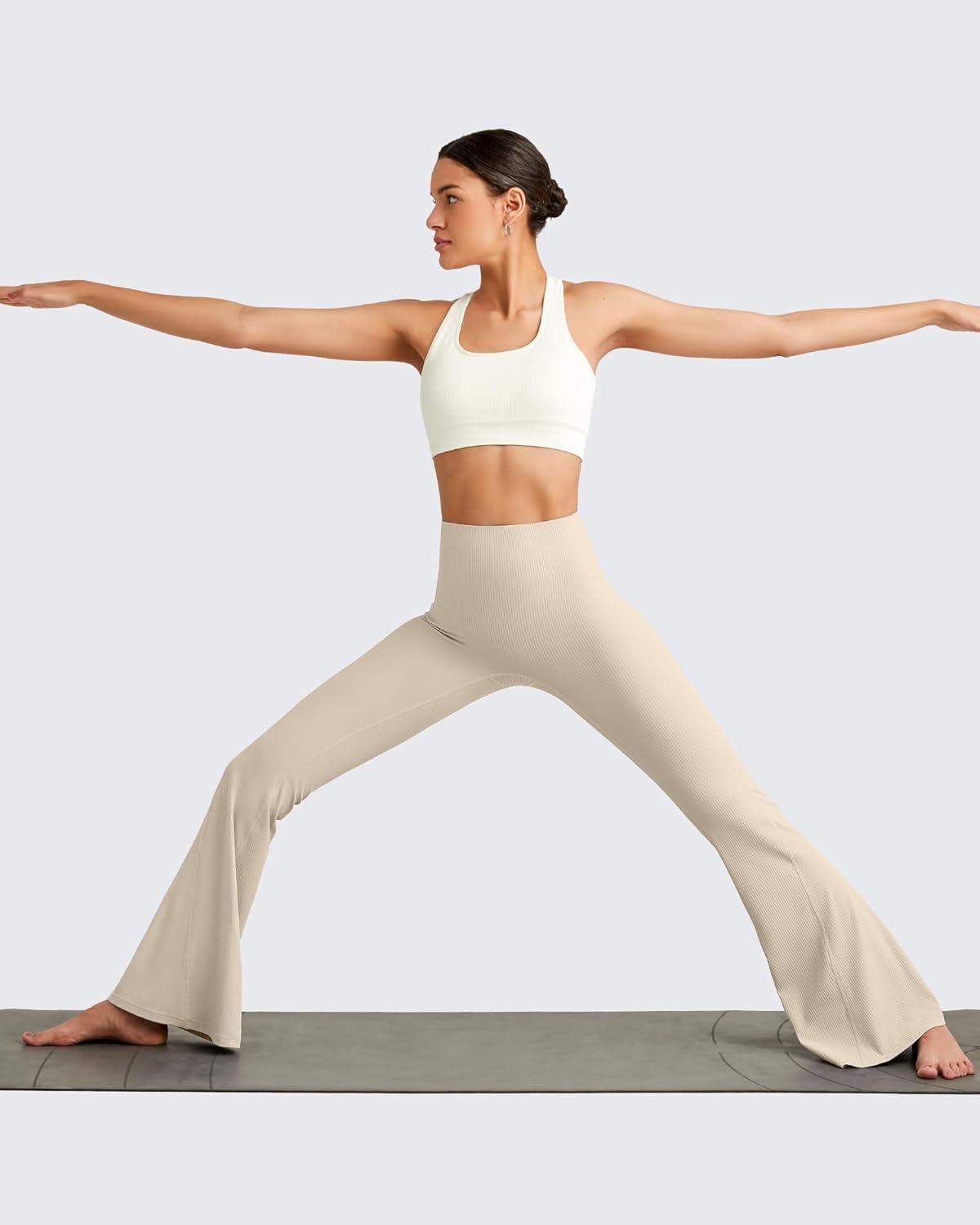 imageG4Free Ribbed Flare Yoga Pants for Women High Waisted Bell Bottom Leggings Tummy Control PetiteRegularTallLight Khaki