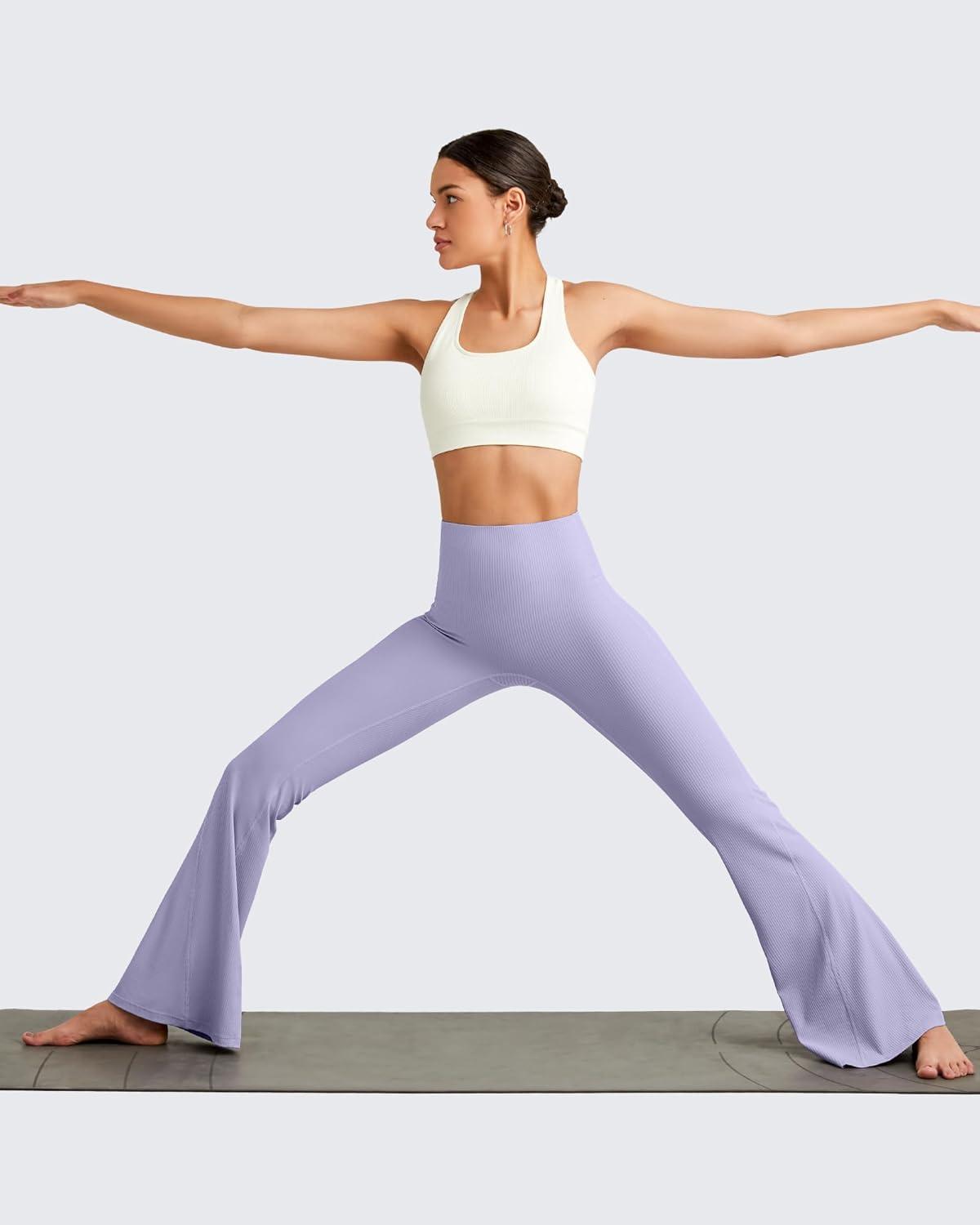 imageG4Free Ribbed Flare Yoga Pants for Women High Waisted Bell Bottom Leggings Tummy Control PetiteRegularTallPurple