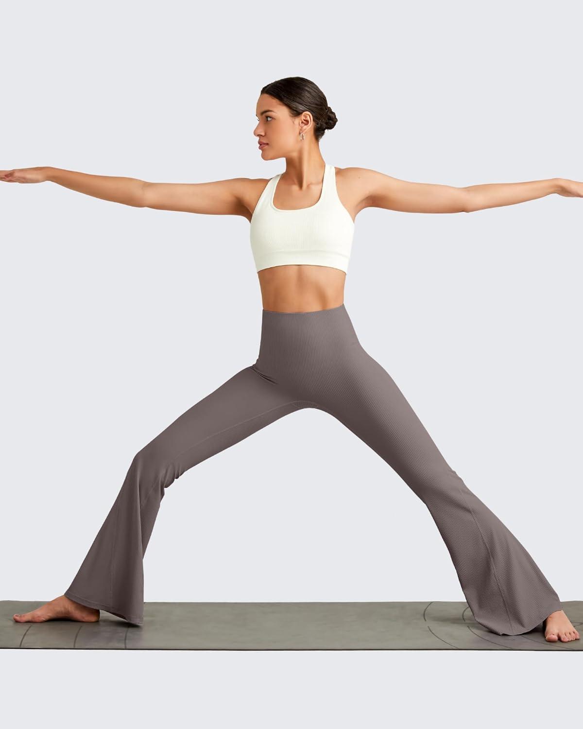 imageG4Free Ribbed Flare Yoga Pants for Women High Waisted Bell Bottom Leggings Tummy Control PetiteRegularTallTaupe