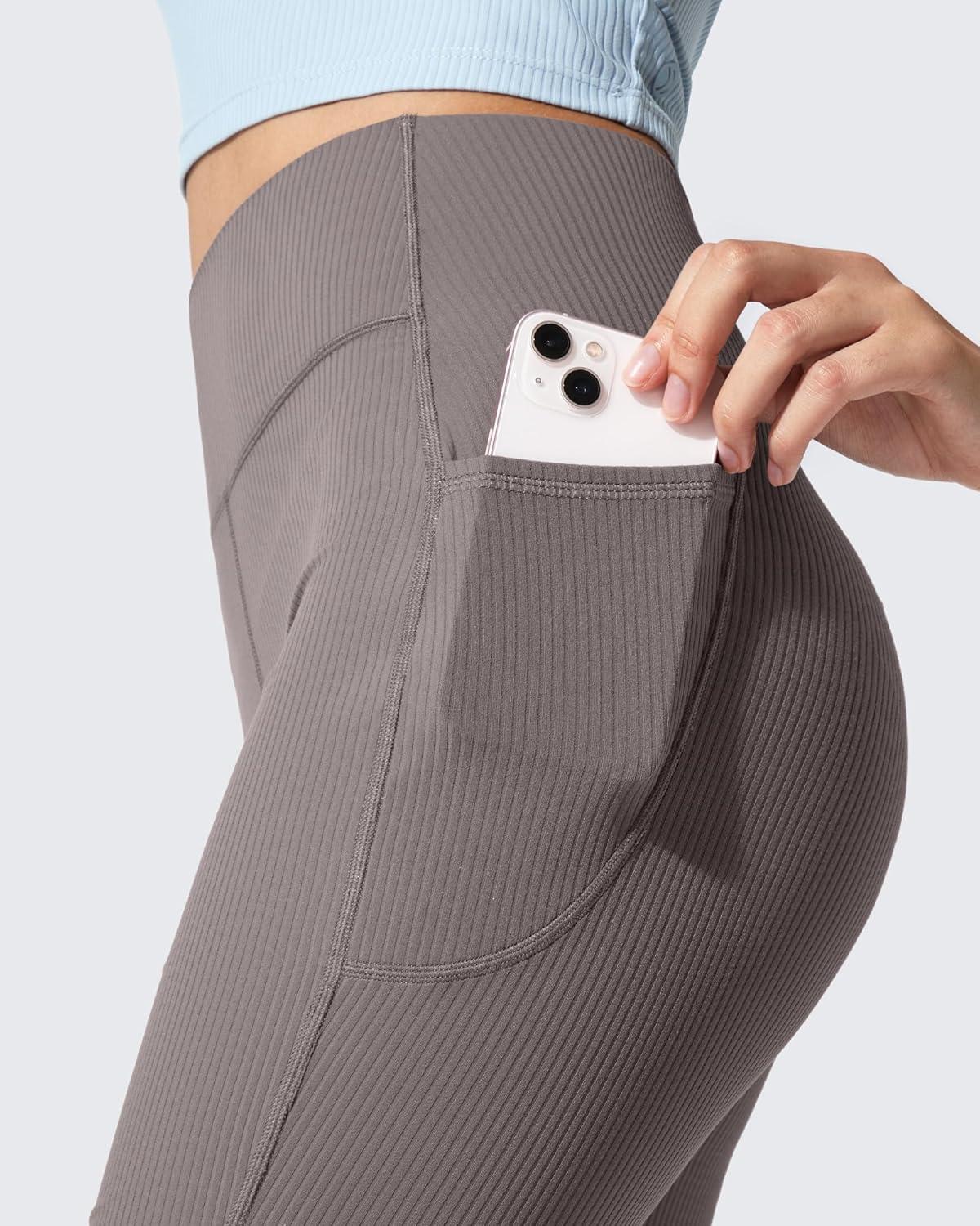 imageG4Free Ribbed Flare Yoga Pants with Pockets for Women High Waisted Bootcut Workout Leggings CasualTaupe