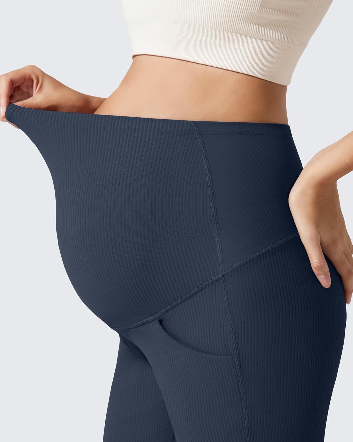 imageG4Free Ribbed Maternity Flare Yoga Pants with Pockets Over The Belly Pregnancy Bell Bottom LeggingsDark Navy