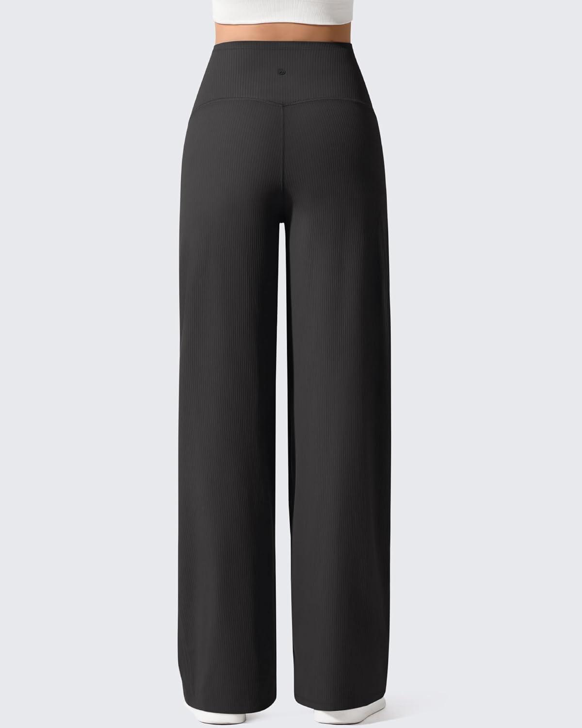 imageG4Free Ribbed Maternity Yoga Pants with Pockets Over The Belly Wide Leg Casual Pregnancy Lounge TrousersBlack