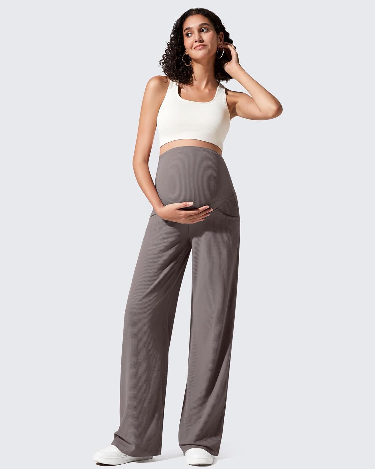 imageG4Free Ribbed Maternity Yoga Pants with Pockets Over The Belly Wide Leg Casual Pregnancy Lounge TrousersTaupe