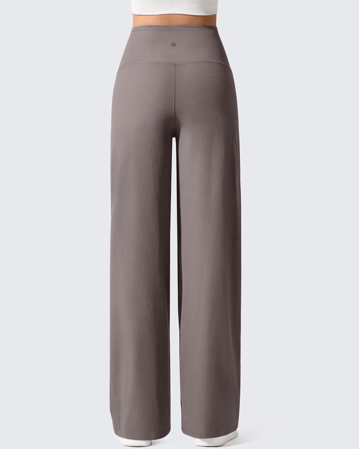 imageG4Free Ribbed Maternity Yoga Pants with Pockets Over The Belly Wide Leg Casual Pregnancy Lounge TrousersTaupe