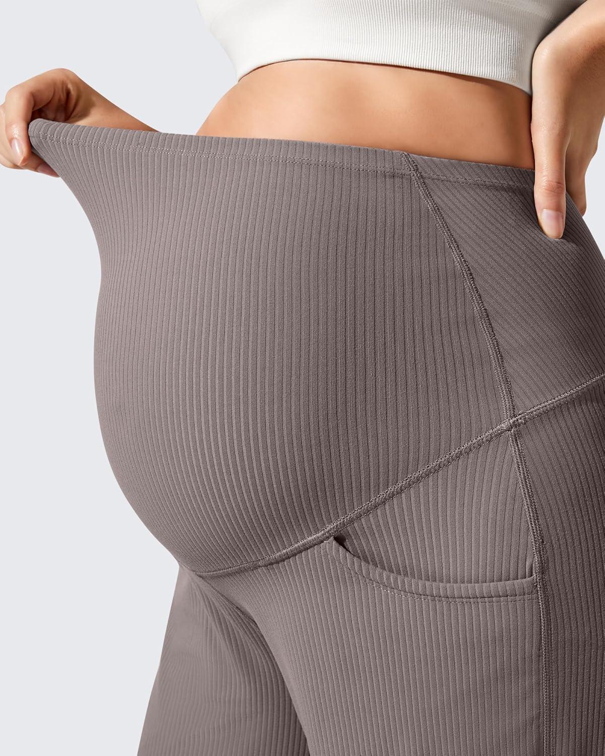 imageG4Free Ribbed Maternity Yoga Pants with Pockets Over The Belly Wide Leg Casual Pregnancy Lounge TrousersTaupe