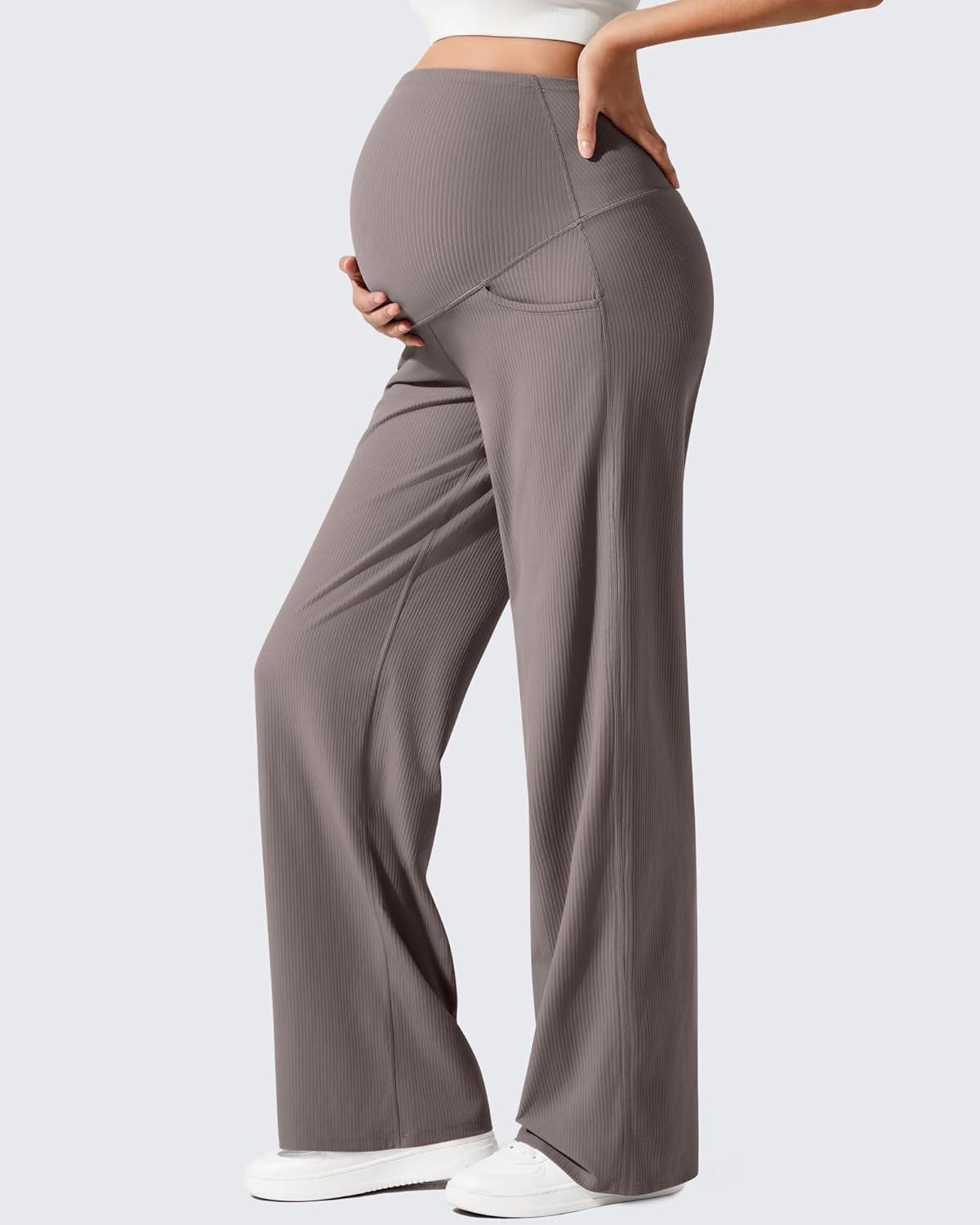 imageG4Free Ribbed Maternity Yoga Pants with Pockets Over The Belly Wide Leg Casual Pregnancy Lounge TrousersTaupe