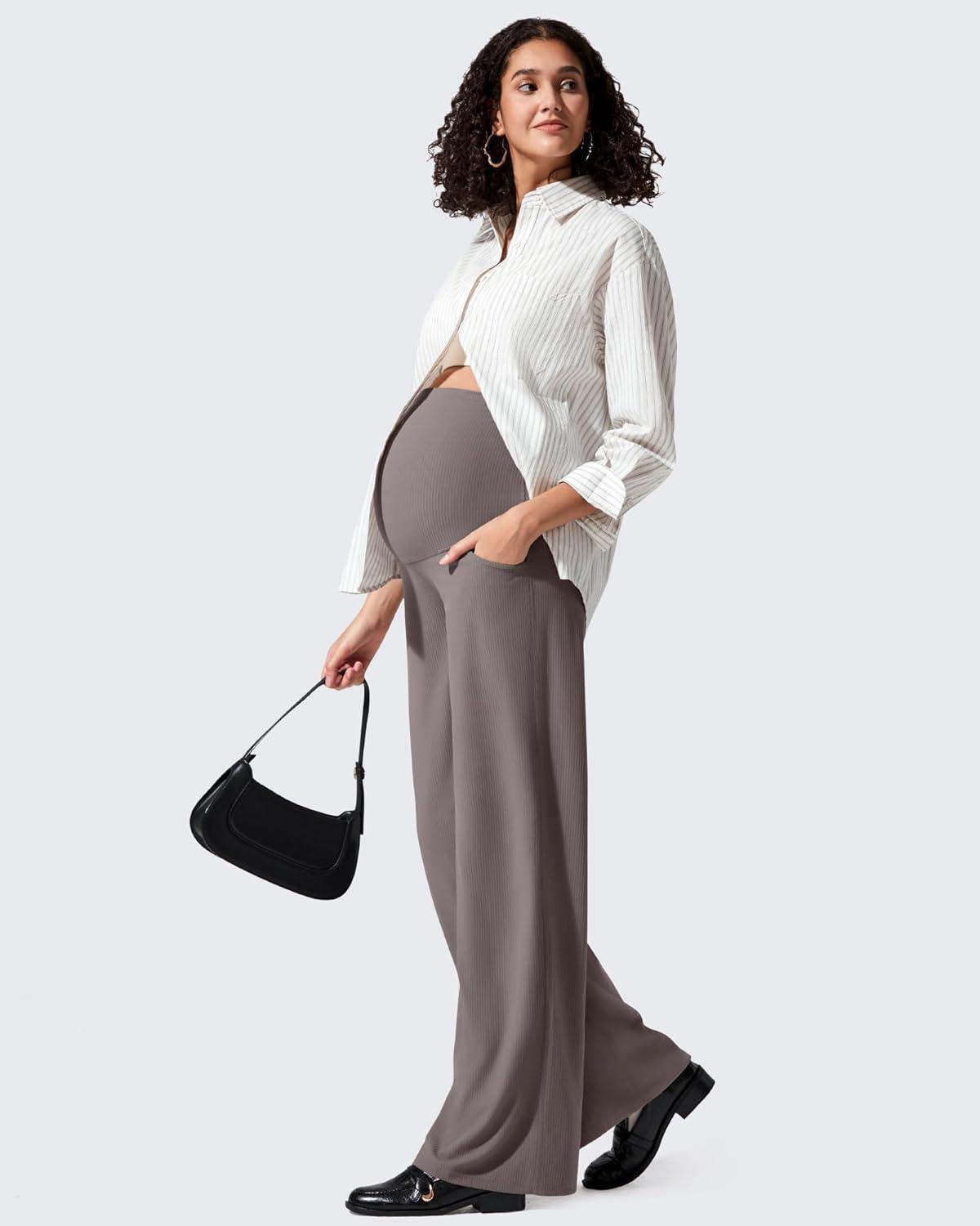 imageG4Free Ribbed Maternity Yoga Pants with Pockets Over The Belly Wide Leg Casual Pregnancy Lounge TrousersTaupe