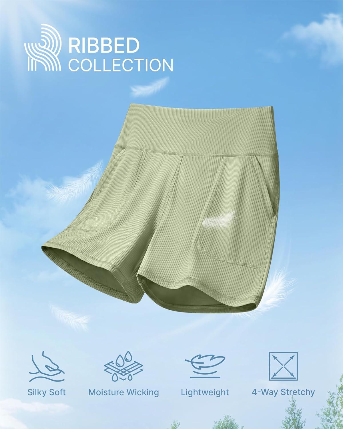 imageG4Free Ribbed Stretchy Womens Shorts Casual High Waisted Athletic Running Golf Lounge Shorts with PocketsGray Olive