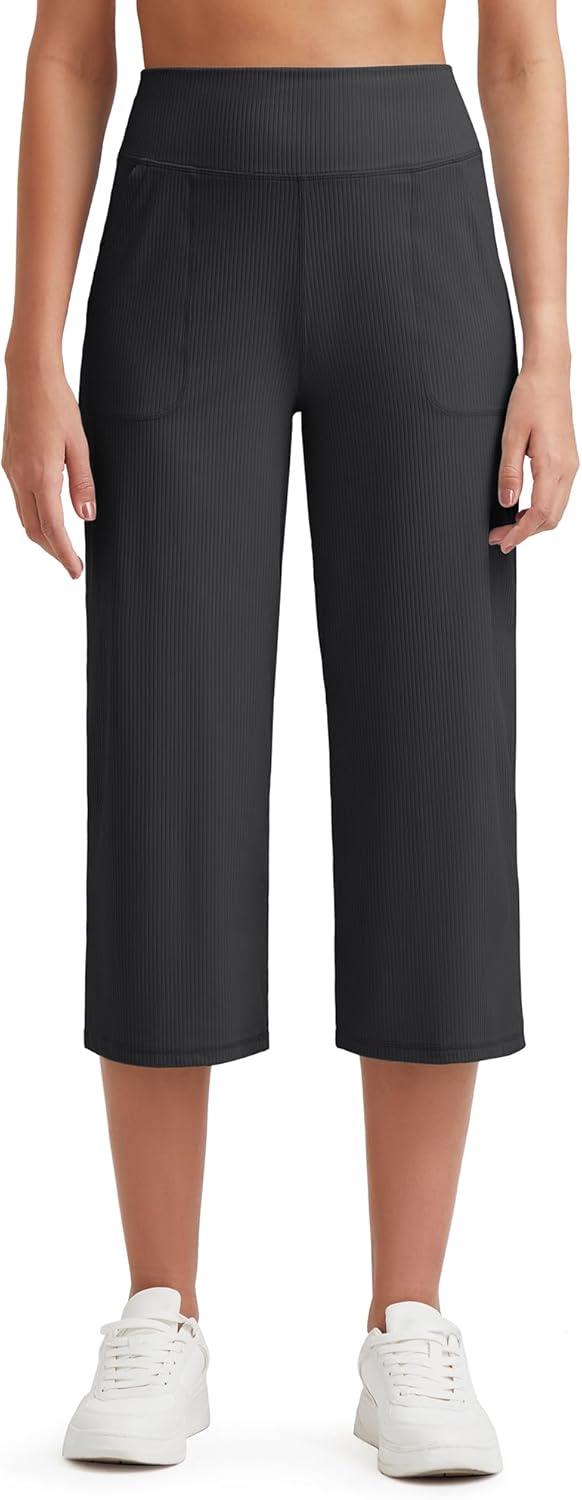 imageG4Free Ribbed Wide Leg Yoga Pants for Women Drawstring Elastic Waist Loose Casual Capris with PocketsBlack