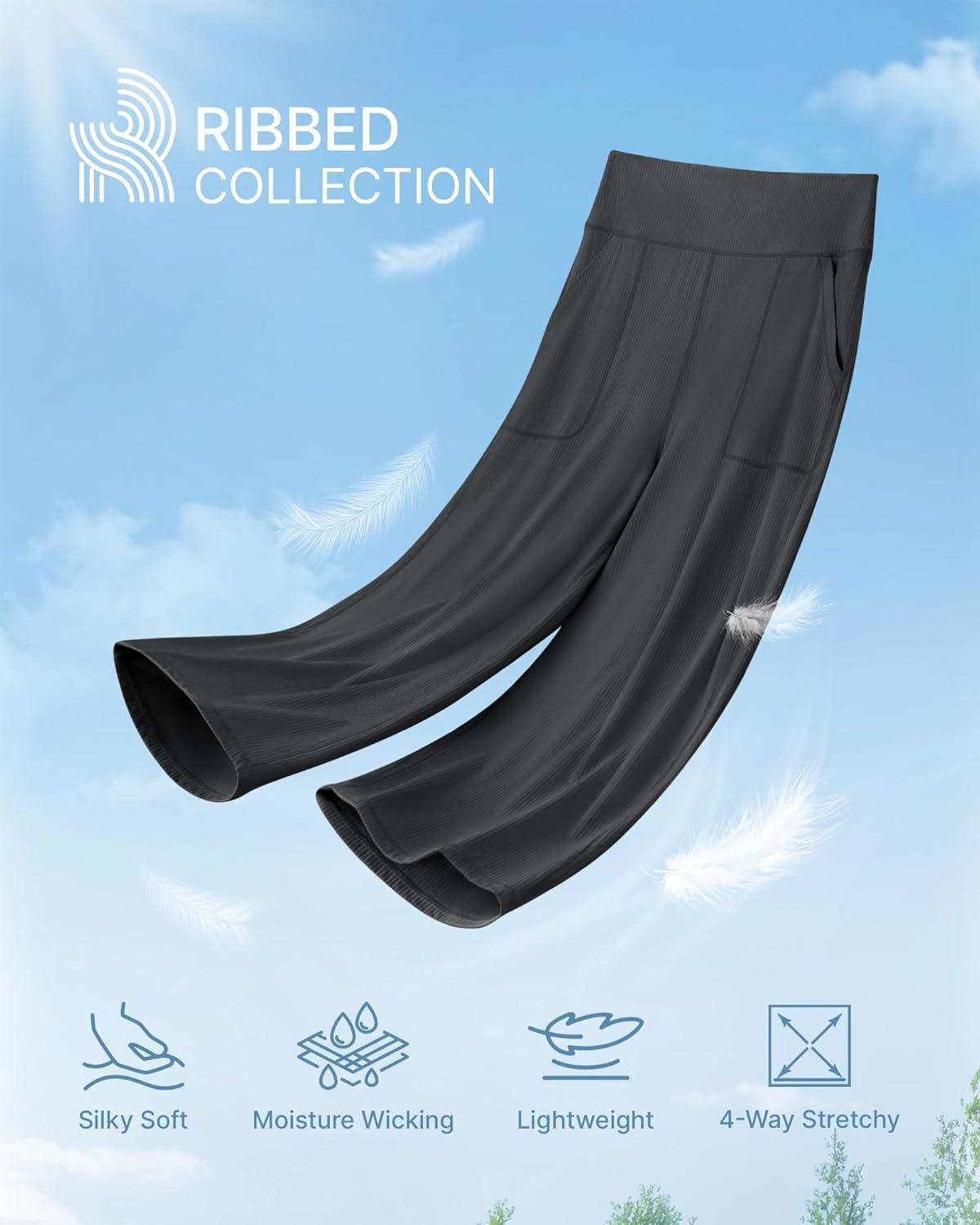 imageG4Free Ribbed Wide Leg Yoga Pants for Women Drawstring Elastic Waist Loose Casual Capris with PocketsBlack