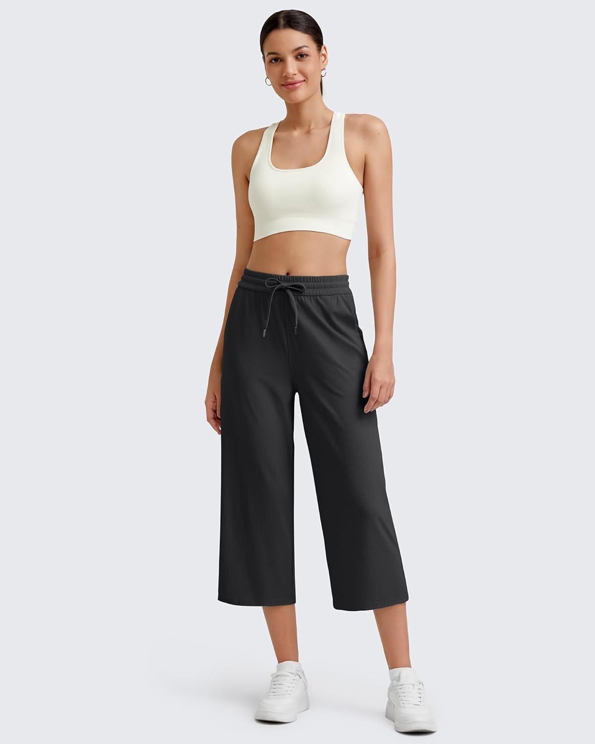 imageG4Free Ribbed Wide Leg Yoga Pants for Women Drawstring Elastic Waist Loose Casual Capris with PocketsBlack