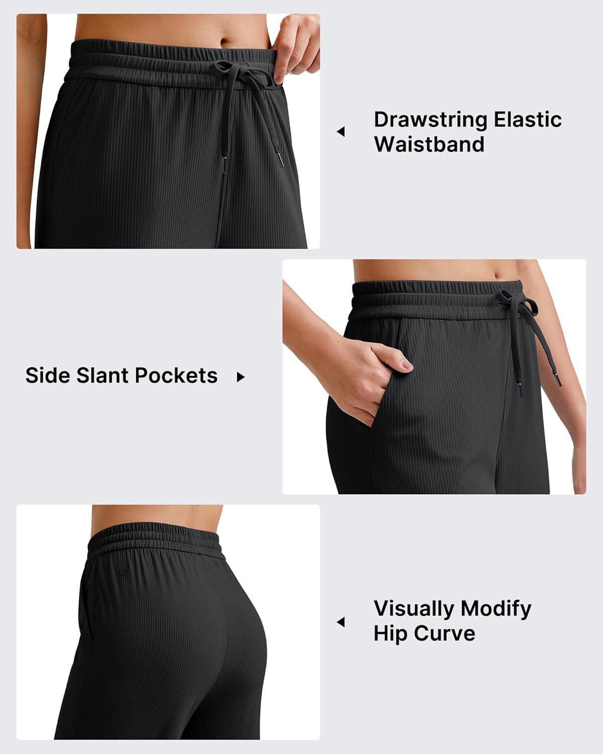 imageG4Free Ribbed Wide Leg Yoga Pants for Women Drawstring Elastic Waist Loose Casual Capris with PocketsBlack