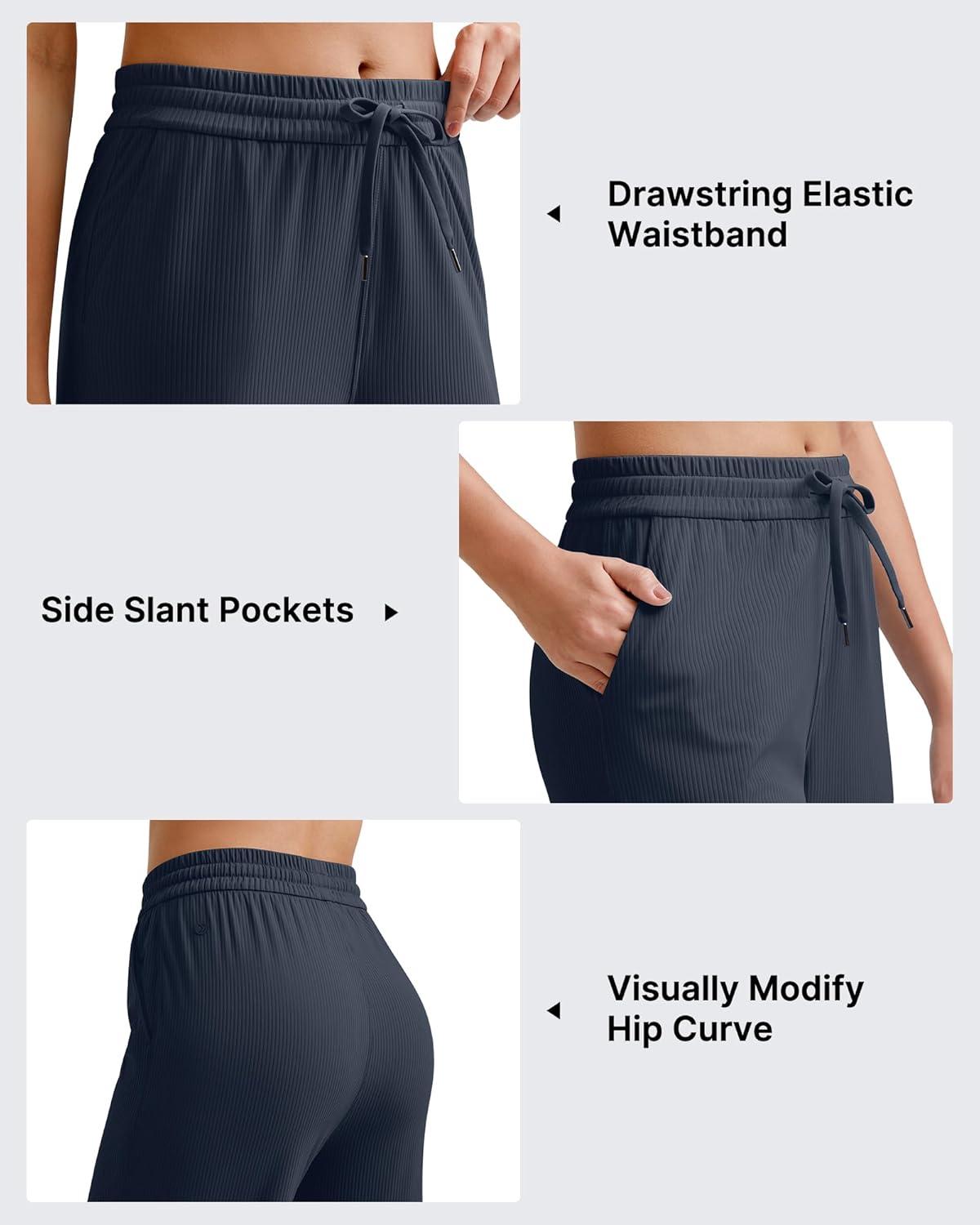 imageG4Free Ribbed Wide Leg Yoga Pants for Women Drawstring Elastic Waist Loose Casual Capris with PocketsDark Navy