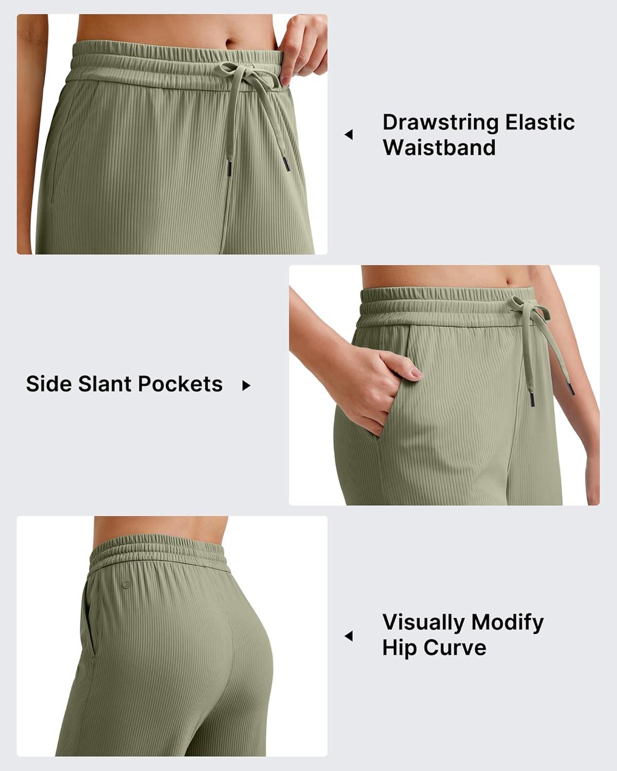 imageG4Free Ribbed Wide Leg Yoga Pants for Women Drawstring Elastic Waist Loose Casual Capris with PocketsGray Olive