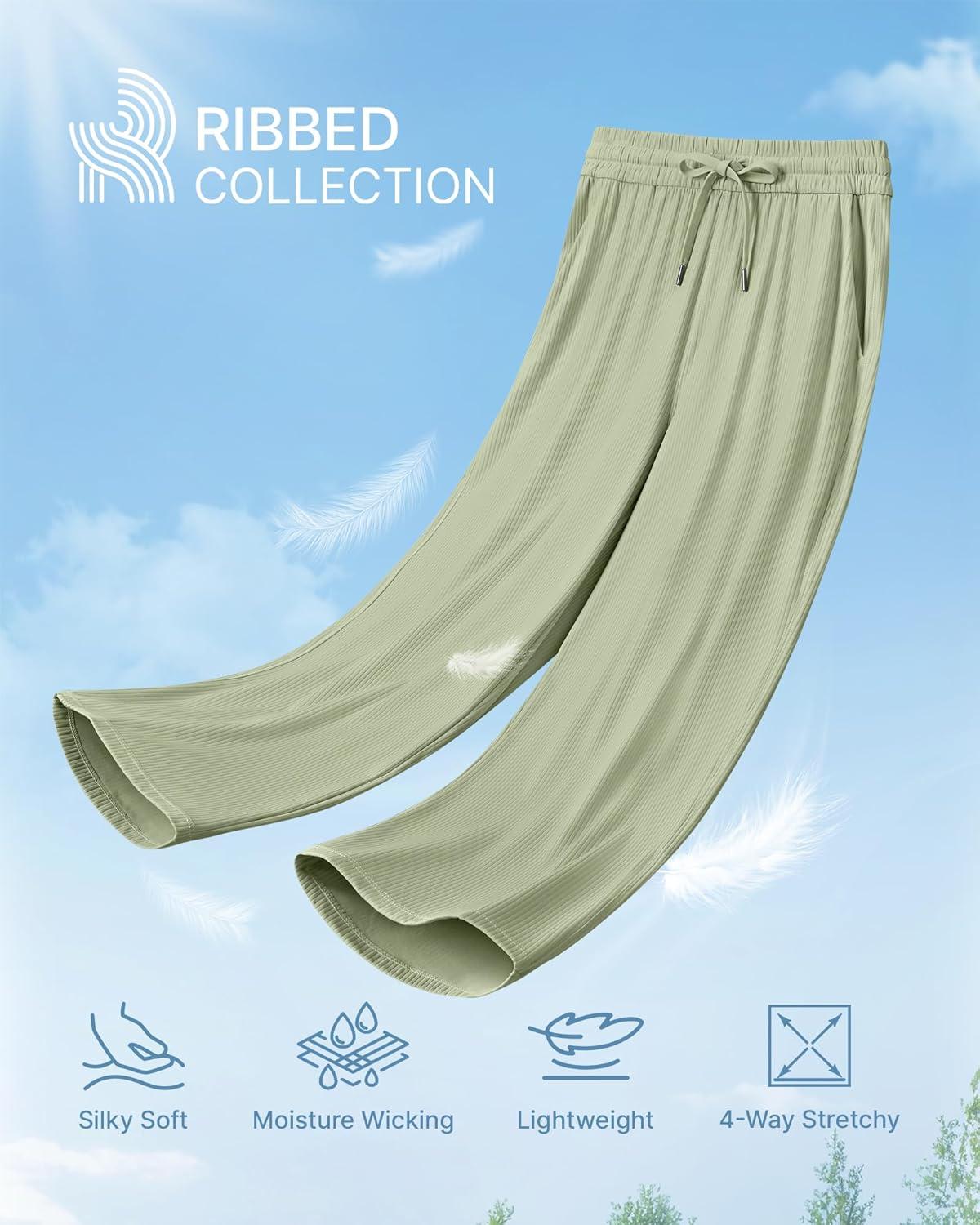 imageG4Free Ribbed Wide Leg Yoga Pants for Women Drawstring Elastic Waist Loose Casual Capris with PocketsGray Olive