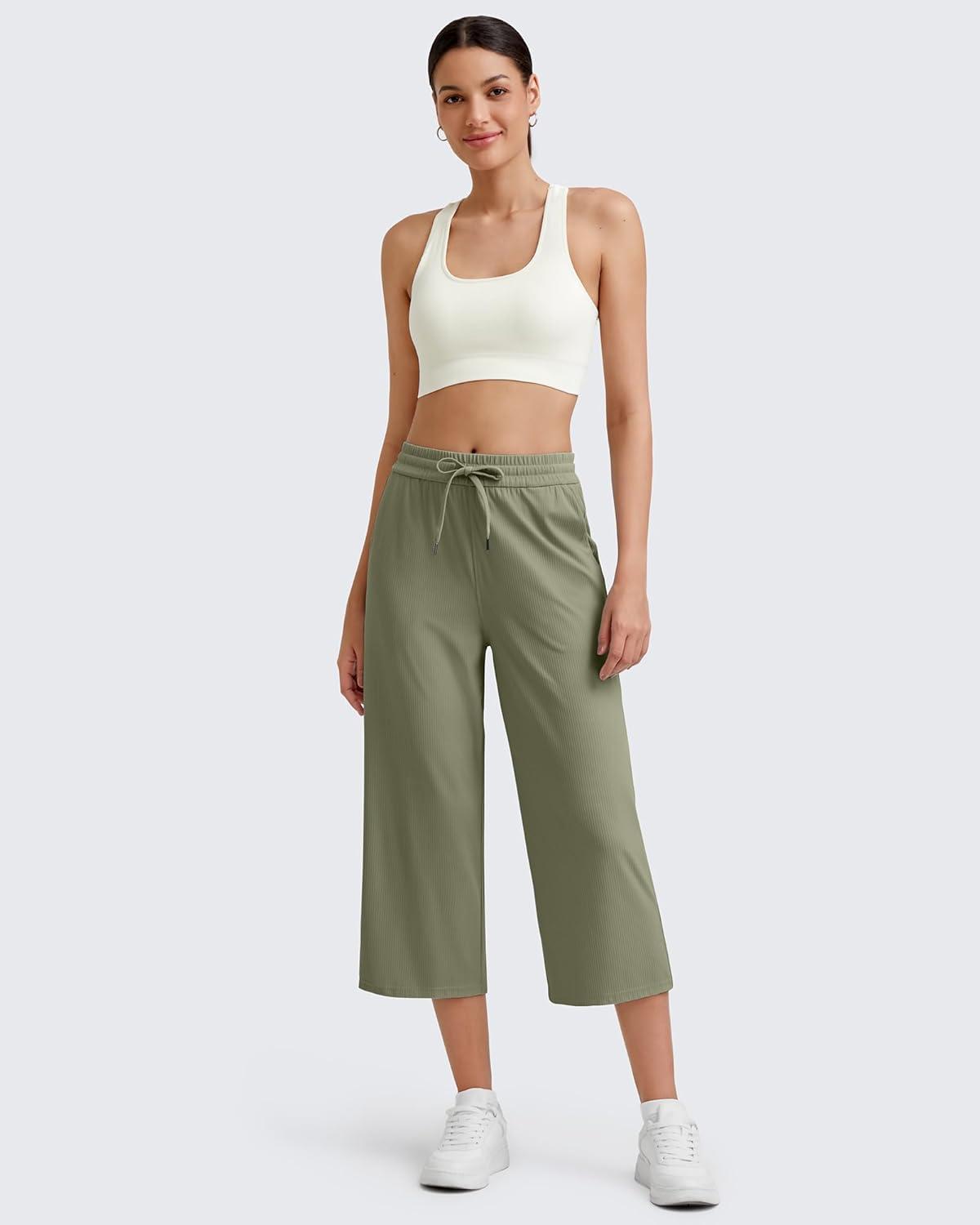 imageG4Free Ribbed Wide Leg Yoga Pants for Women Drawstring Elastic Waist Loose Casual Capris with PocketsGray Olive
