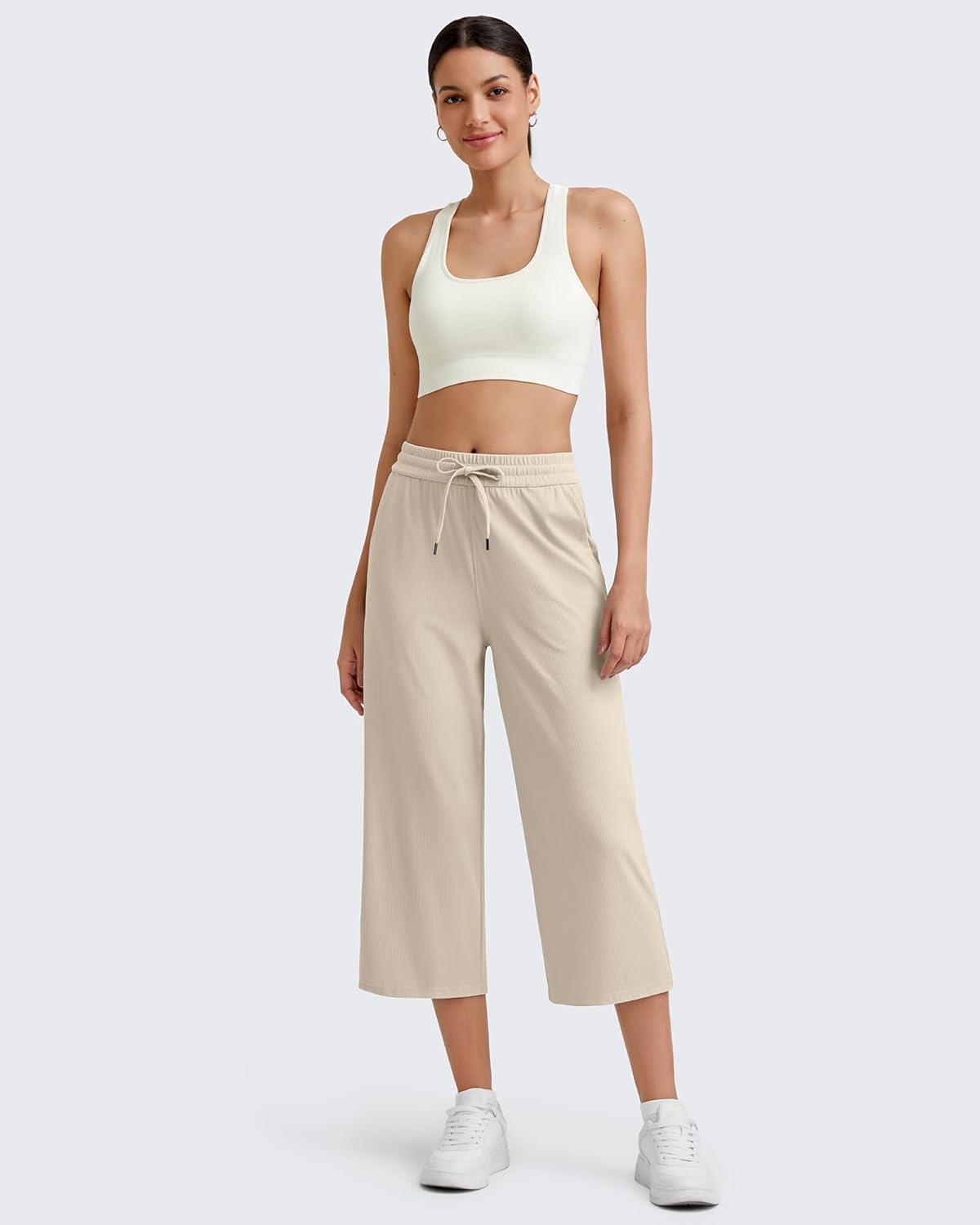 imageG4Free Ribbed Wide Leg Yoga Pants for Women Drawstring Elastic Waist Loose Casual Capris with PocketsLight Khaki