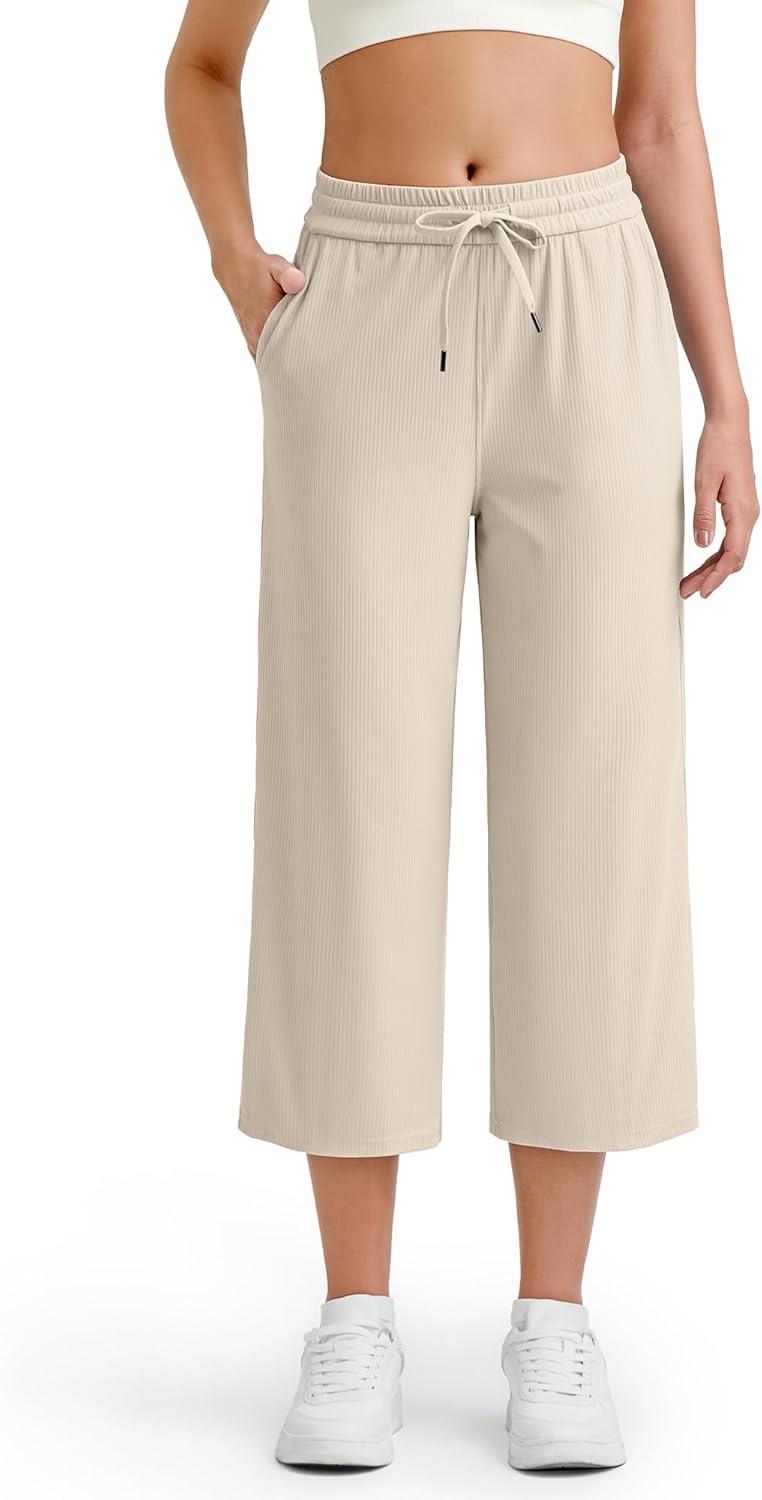 imageG4Free Ribbed Wide Leg Yoga Pants for Women Drawstring Elastic Waist Loose Casual Capris with PocketsLight Khaki