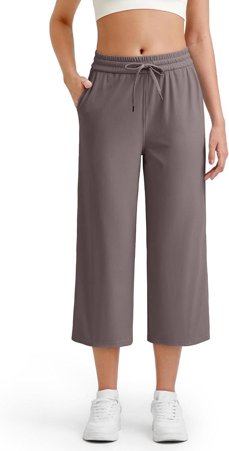 imageG4Free Ribbed Wide Leg Yoga Pants for Women Drawstring Elastic Waist Loose Casual Capris with PocketsTaupe
