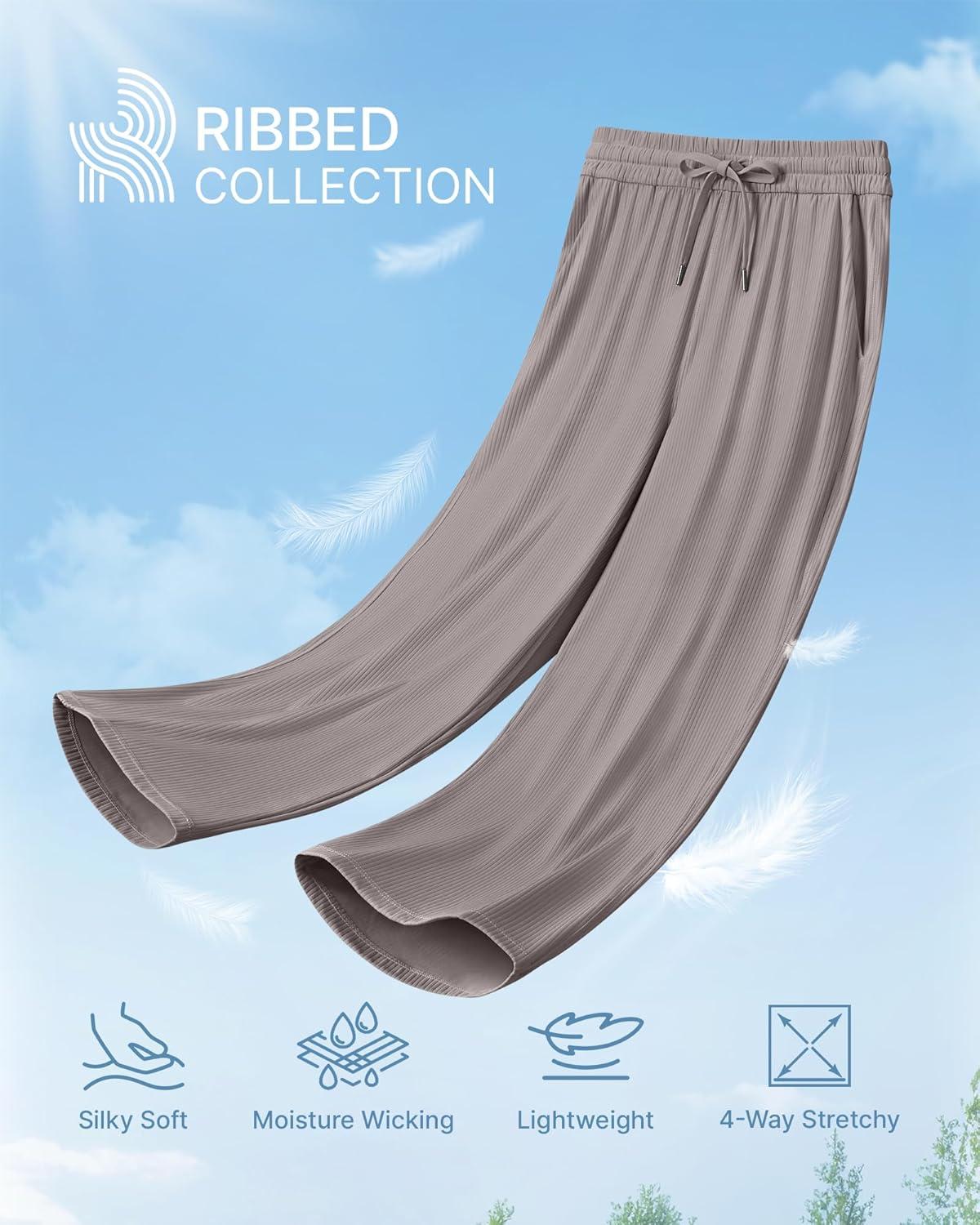 imageG4Free Ribbed Wide Leg Yoga Pants for Women Drawstring Elastic Waist Loose Casual Capris with PocketsTaupe