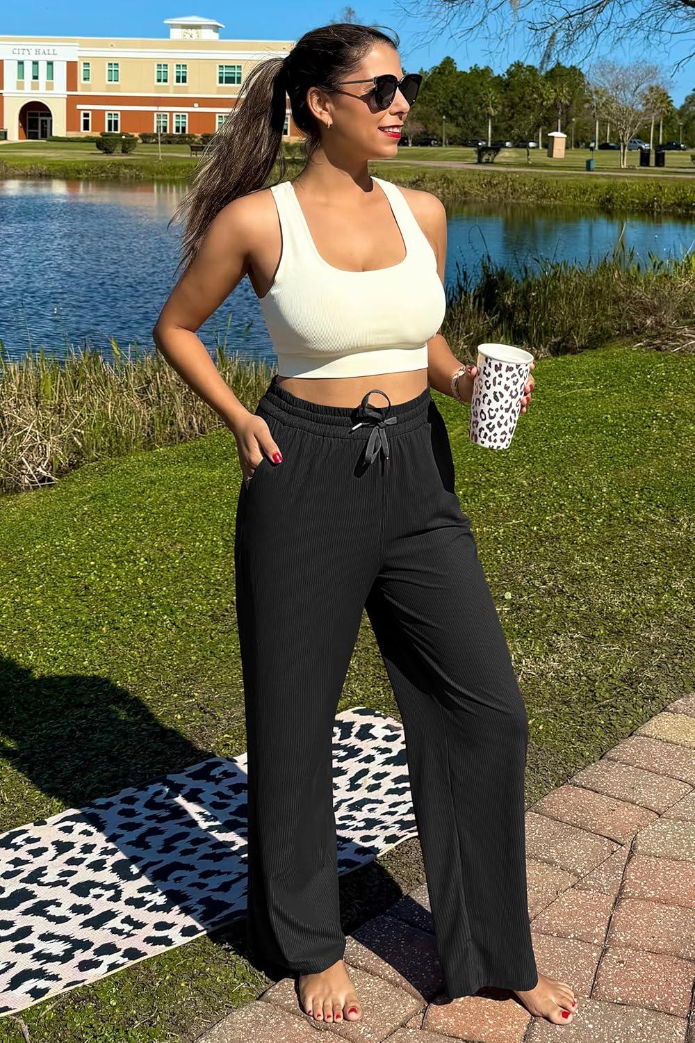 imageG4Free Ribbed Wide Leg Yoga Pants for Women with Pockets Drawstring High Waist Casual Lounge Pants PetiteRegularTallBlack