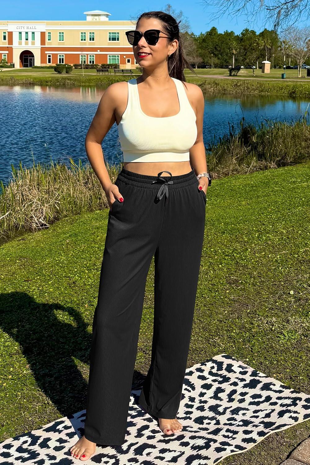 imageG4Free Ribbed Wide Leg Yoga Pants for Women with Pockets Drawstring High Waist Casual Lounge Pants PetiteRegularTallBlack
